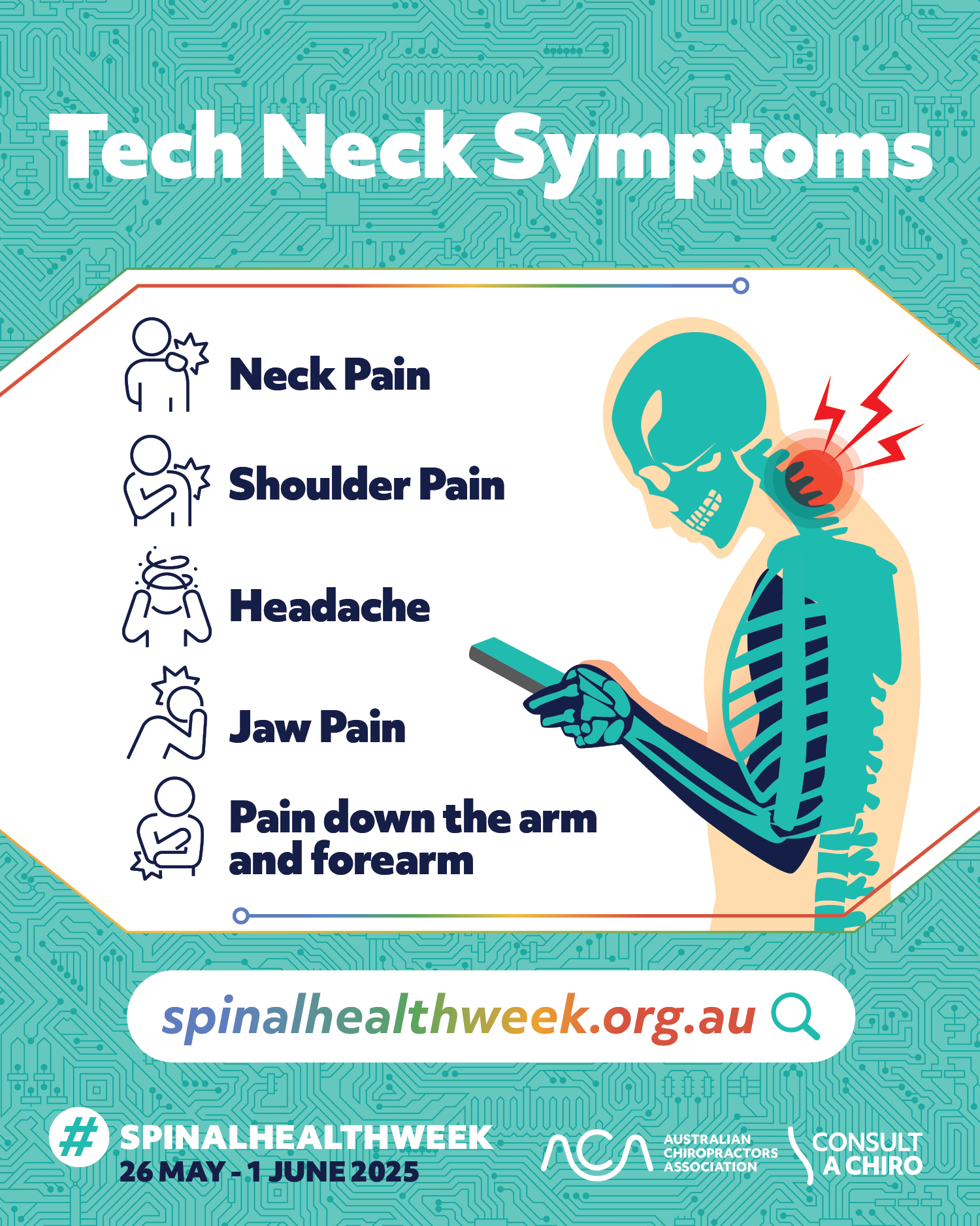 PRESS RELEASE: Tech Neck Time Bomb: Spinal Health Week Exposes Hidden Cost to Australians’ Health & Productivity – “Get the heads up on tech neck!” – National Spinal Health Week is 26 May to 1 June 2025